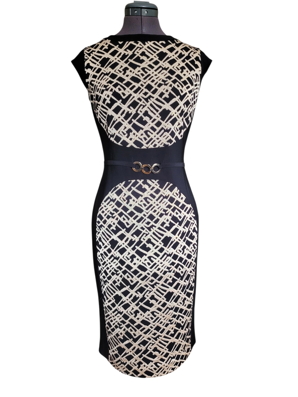 Joseph Ribkoff Black Cream/Gold Graphic Panel Midi Dress Geometric Dark Academia
